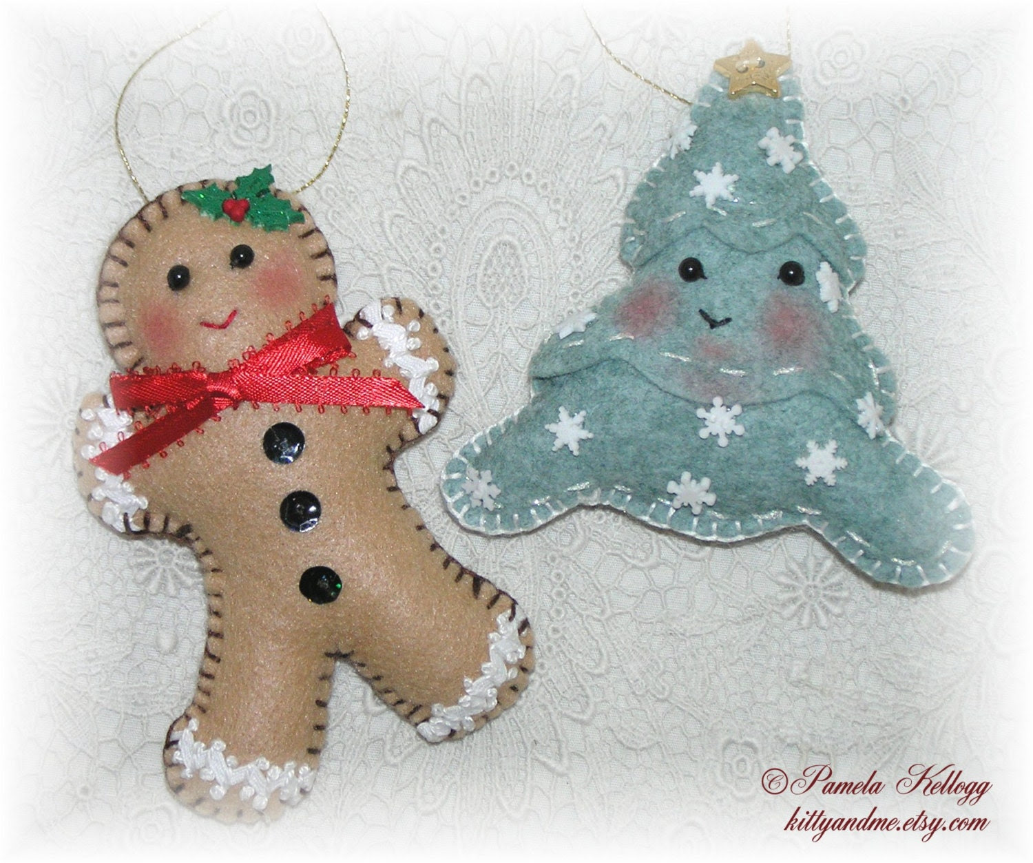 Felt Ornaments, Gingerbread Man Ornament, Christmas Tree Ornament, Handmade Ornaments, Embellished Ornaments,Set Of 2
