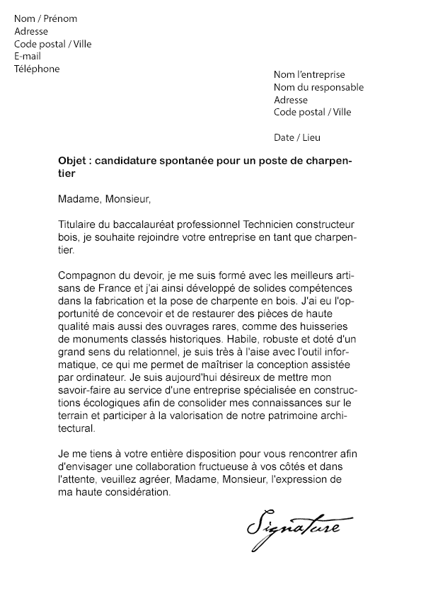 Lettre de motivation Charpentier - Modèle de Lettre