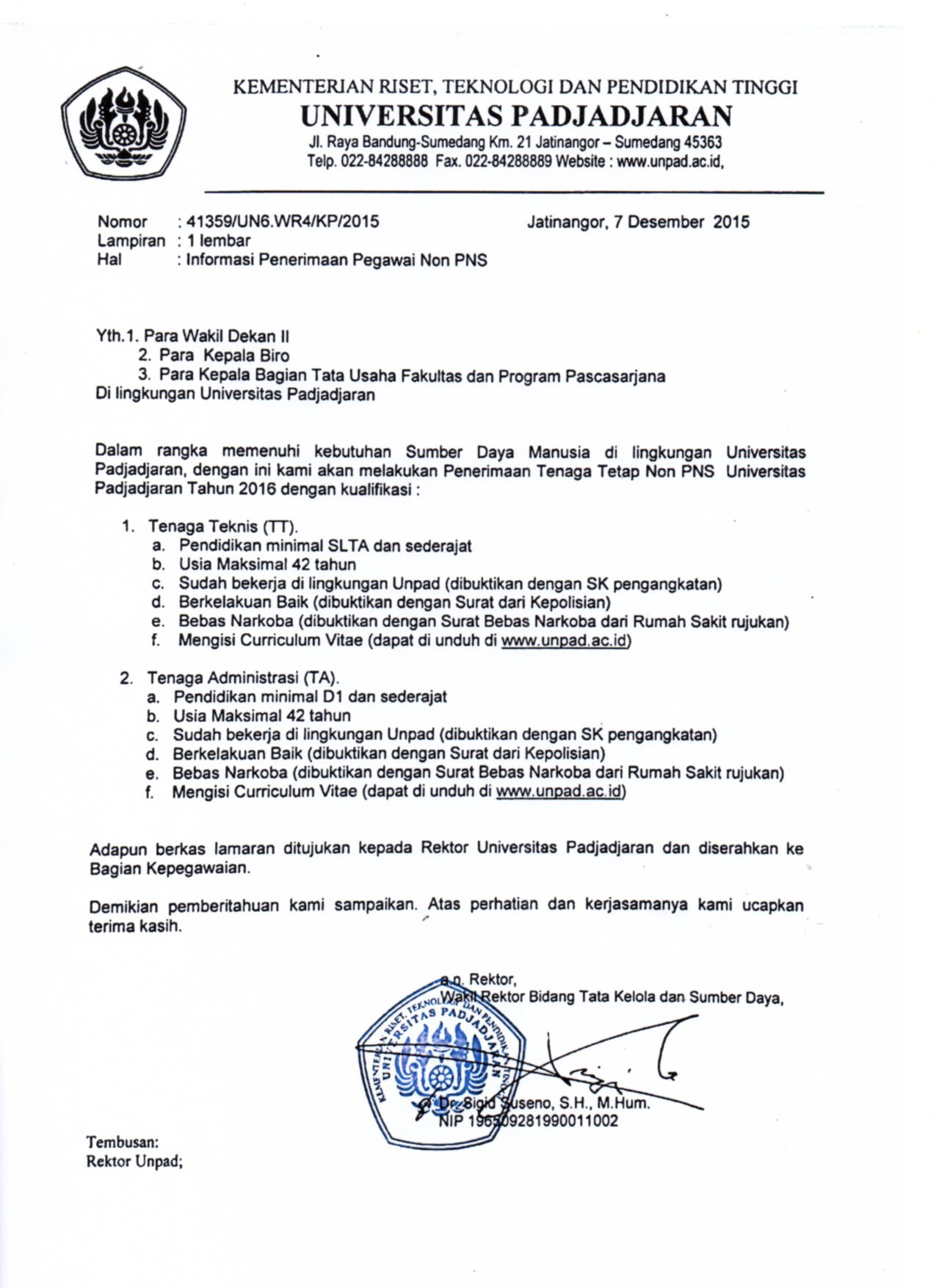 Informasi Penerimaan Pegawai Tetap Non PNS Unpad 