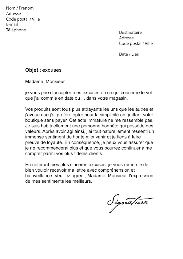 Lettre d'excuse pour Vol (Magasin ou Particulier) - Modèle 
