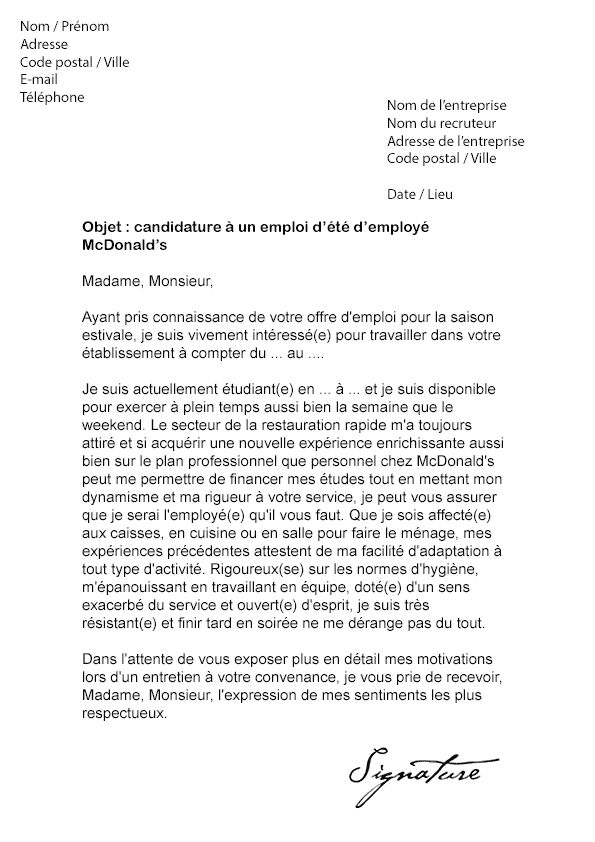 Lettre de motivation Job d'été McDo - Modèle de Lettre