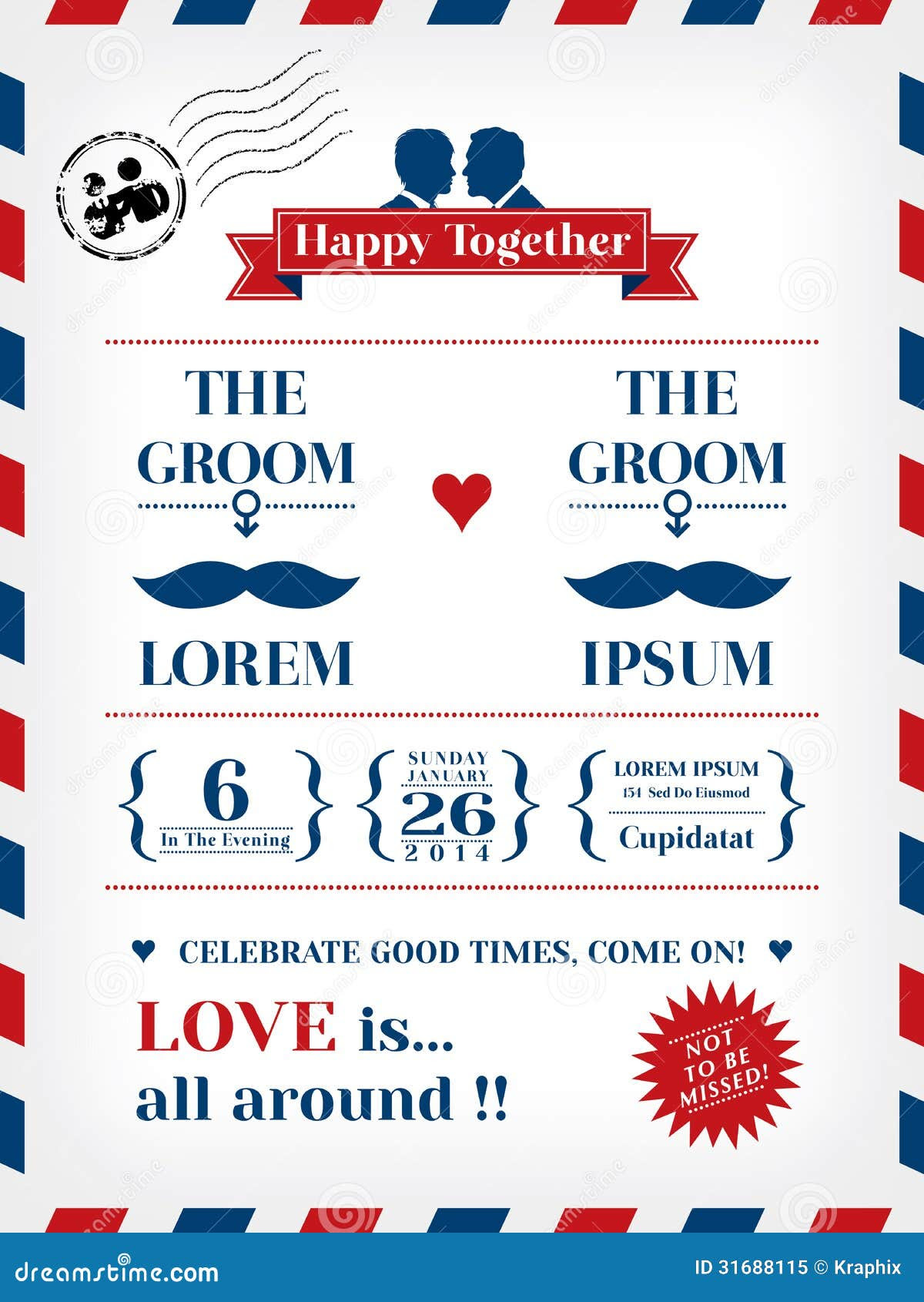Gay Wedding Invitation Template in Postcard and Air mail style.
