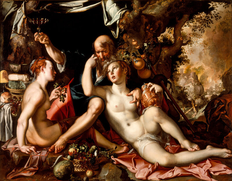 Sodom burns in the background as Lot's daughters seduce him in Wtewael's 1597-1600 depiction of a scene from Genesis.
