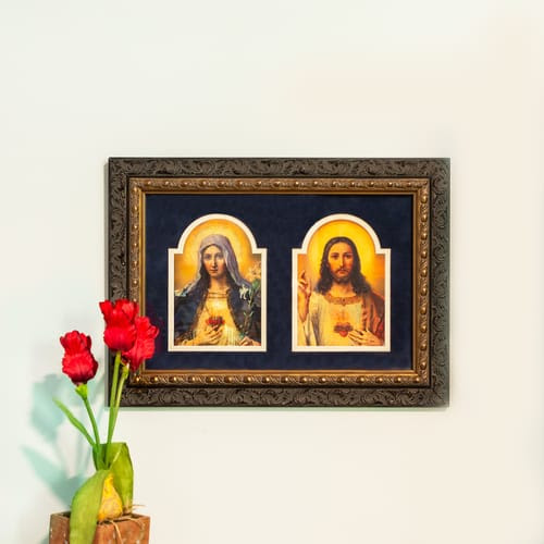 Antique Sacred and Immaculate Hearts (Matted w/ Dark Ornate Frame) (10 x 15 )