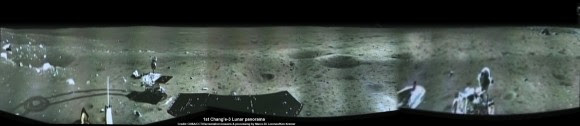 1st panorama around Chang'e-3 landing site after China's Yutu rover drove onto the Moon's surface on Dec. 15, 2013. The images were taken by Chang'e-3 lander following Dec. 14 touchdown. Panoramic view was created from screen shots of a news video assembled into a mosaic. Credit: CNSA/CCTV/screenshot mosaics & processing by Marco Di Lorenzo/Ken Kremer