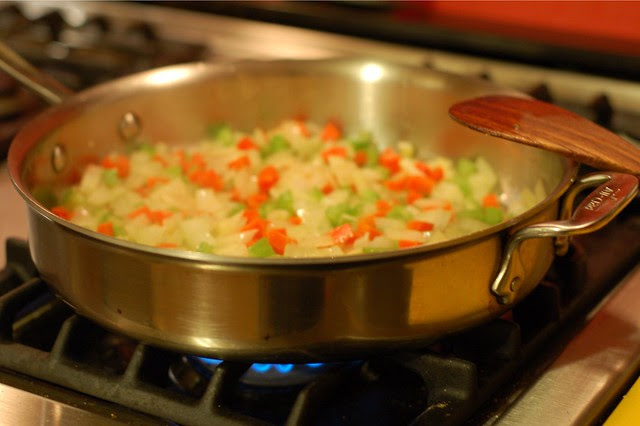 Sauteeing onions, garlic, carrots and celery by Eve Fox, Garden of Eating blog, copyright 2012