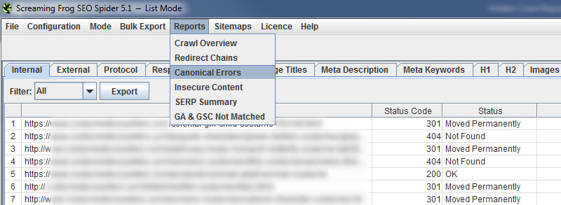 export canonical errors report in screaming frog
