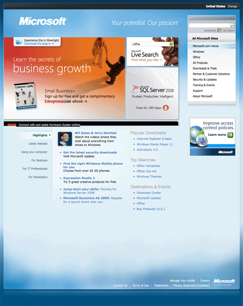 los Web site de Microsoft ahora mueven hacia atrás en 1998