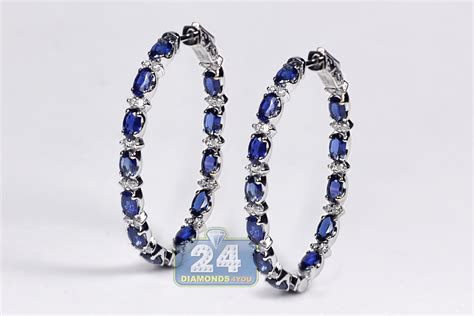 Also available in 14k gold filled and 14k rose gold filled. Womens Blue Sapphire Diamond Oval Hoop Earrings 18K Gold 6