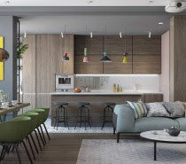 Extra color accents spice up the kitchen. Red and pink join the other colors to create an even more diverse theme, bringing a playful character to an otherwise all-wood kitchen design.