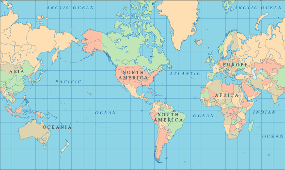 world map continents. World Map - Mercator
