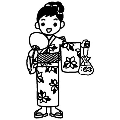 浴衣の少女 夏祭り 盆踊り 夏の季節 8月の行事 無料 白黒イラスト素材