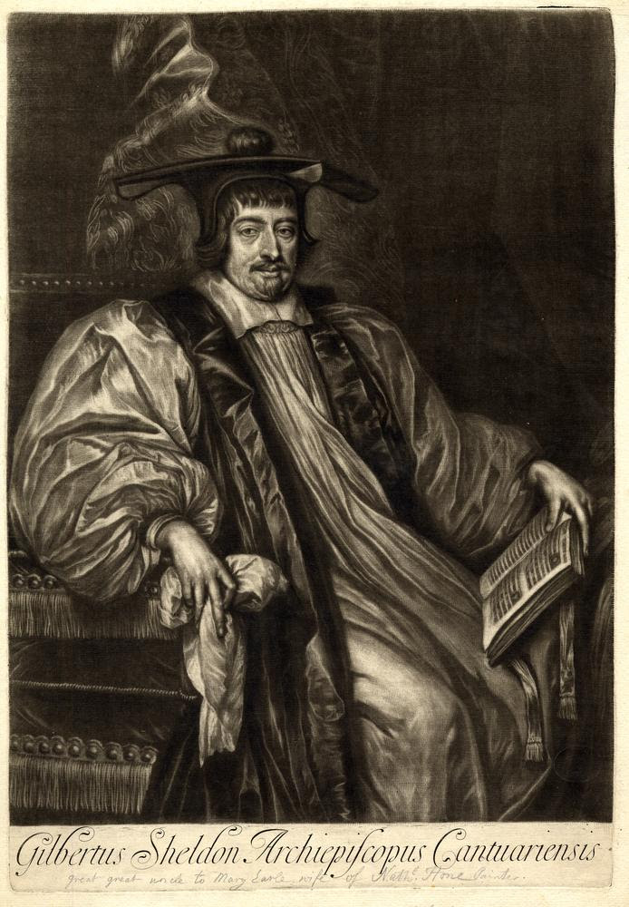 Portrait, three-quarter length, seated; wearing square cap, beard and mustache, and episcopal robes; holding a handkerchief in right hand and an open book in left hand; in the background, curtain, with floral pattern.  c.1665/85  Mezzotint