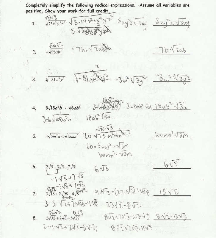 Simplifying Radical Expressions Worksheet - Helping Times