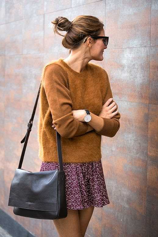 Le Fashion Blog Blogger Spring Style Top Knot Brown Fuzzy Sweater Leather Crossbody Bag Red Print Skirt Via Style Lovely