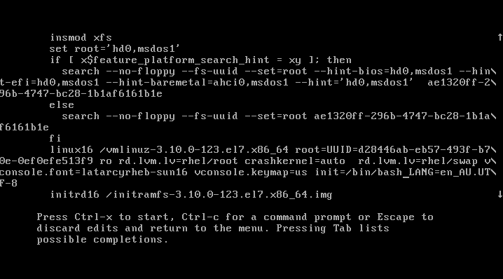Edit grub to enter single mode to reset root password Redhat 7
