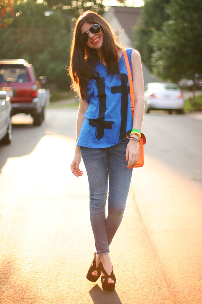 Cambridge Satchel Neon Flourescent bag, James Jeans Twiggy Karma, Friendship bracelets, Aviator Sunglasses, Fashion Outfit