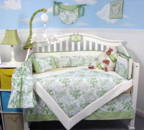 Soho French Sage Toile Baby Crib Nursery Bedding Set 13 pcs included Diaper Bag with Changing Pad & Bottle Case
