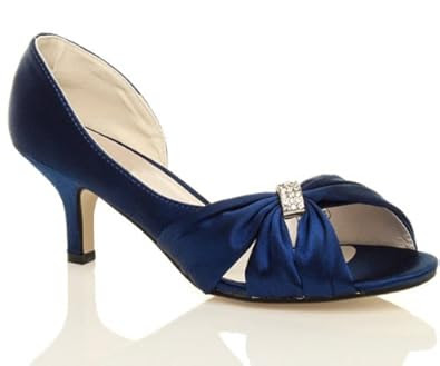 Chic Feet Womens Ladies Navy Blue Satin Wedding Bridal Low Chic Feet Womens Ladies Navy Blue Satin Wedding Bridal Low