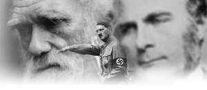 Backdrop: two first cousins: charles Darwin (left) and 
Francis Galton; Foreground: Adolf Hitler
