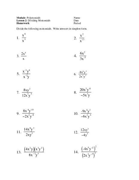 dividing monomials worksheet