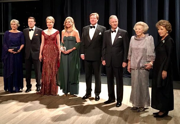 Queen Maxima wore Dries Van Noten dress, Queen Mathilde wore Jan Taminiau Gown, Diamond earrings, diamond tiara, style royal family
