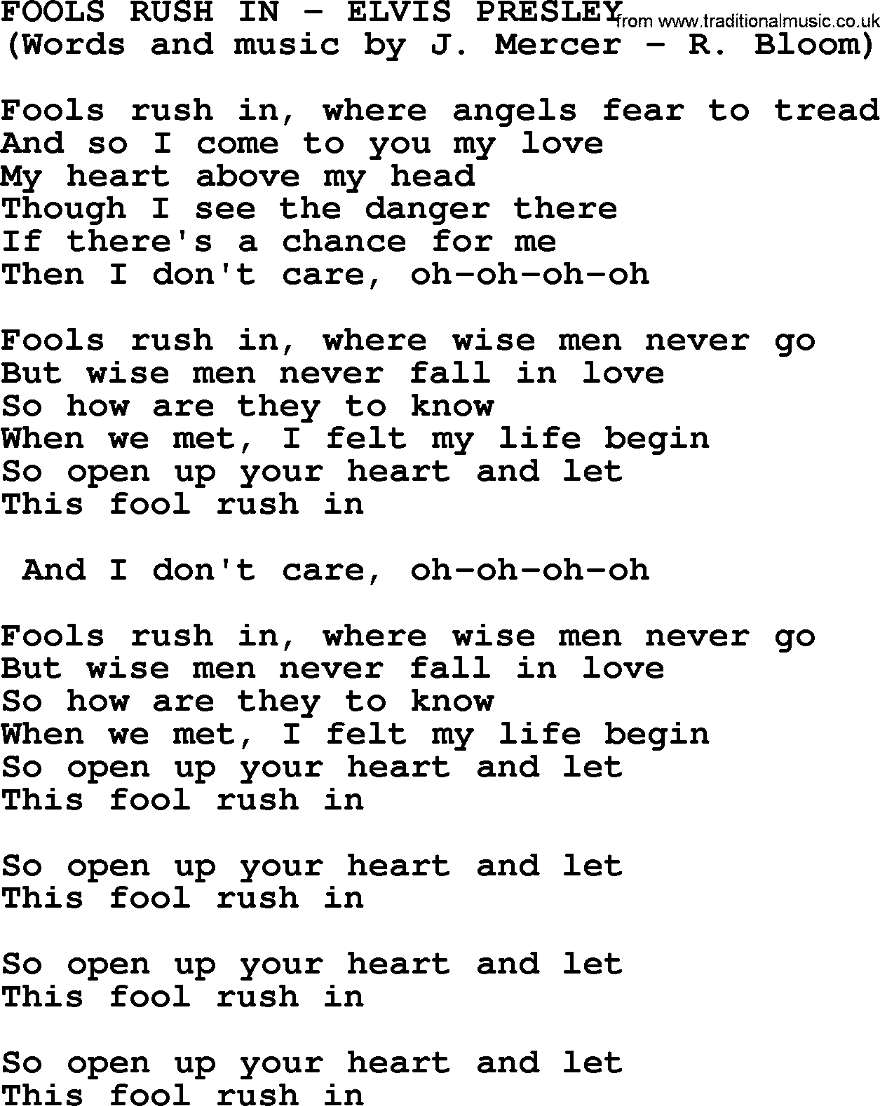 Fools Rush In By Elvis Presley Lyrics