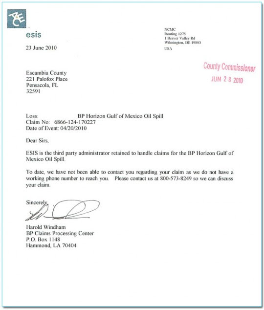 adjustment letters 10 Delays BP Claim; Countyâs Escambia Phone Canât Find Number