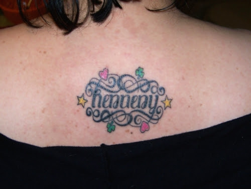 This ambigram as a finished tattoo! The name reads the same when flipped 