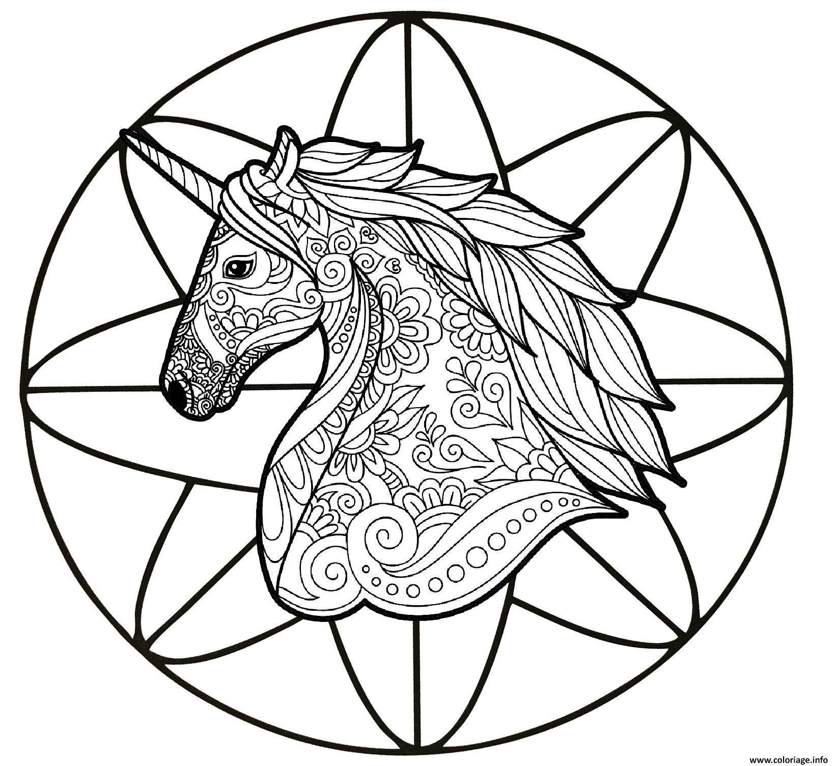 Coloriage mandala tete de licorne adulte antistress  JeColorie.com
