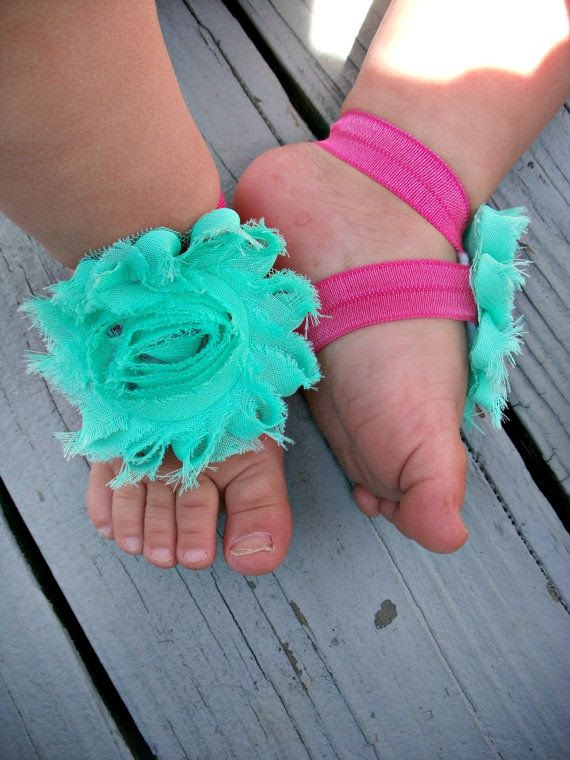 Baby Barefoot Sandals .. Aqua Green Flowers .. Toddler Sandals ...