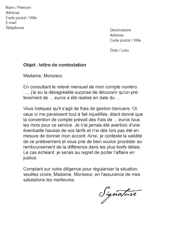 Lettre de contestation Frais bancaires - Modèle de Lettre