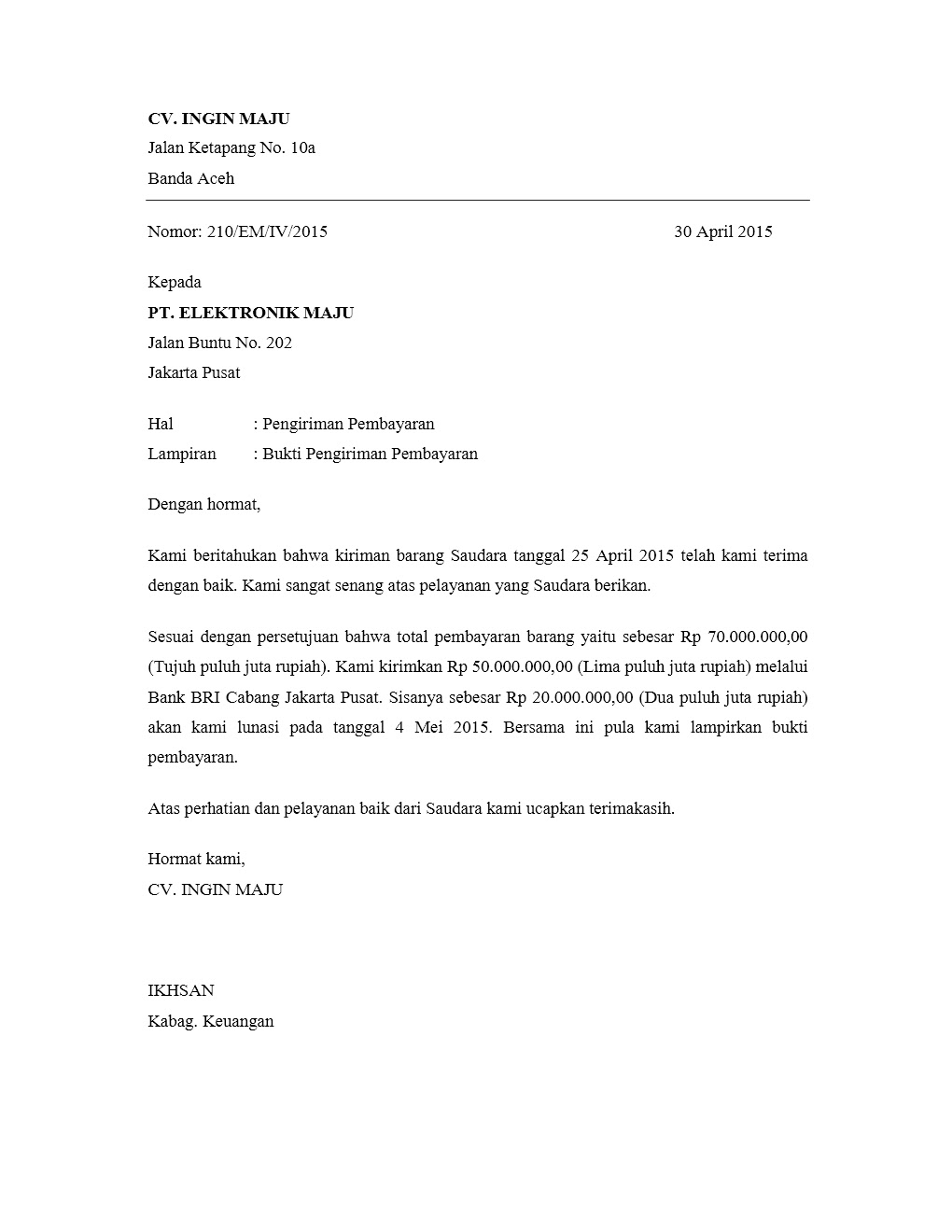 Kumpulan Contoh Surat Pengiriman Pembayaran Yang Benar 