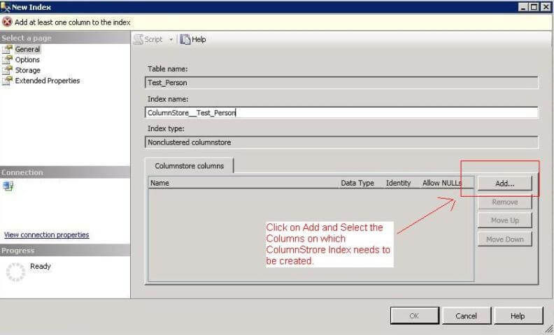 create columnstore index using SSMS select columns