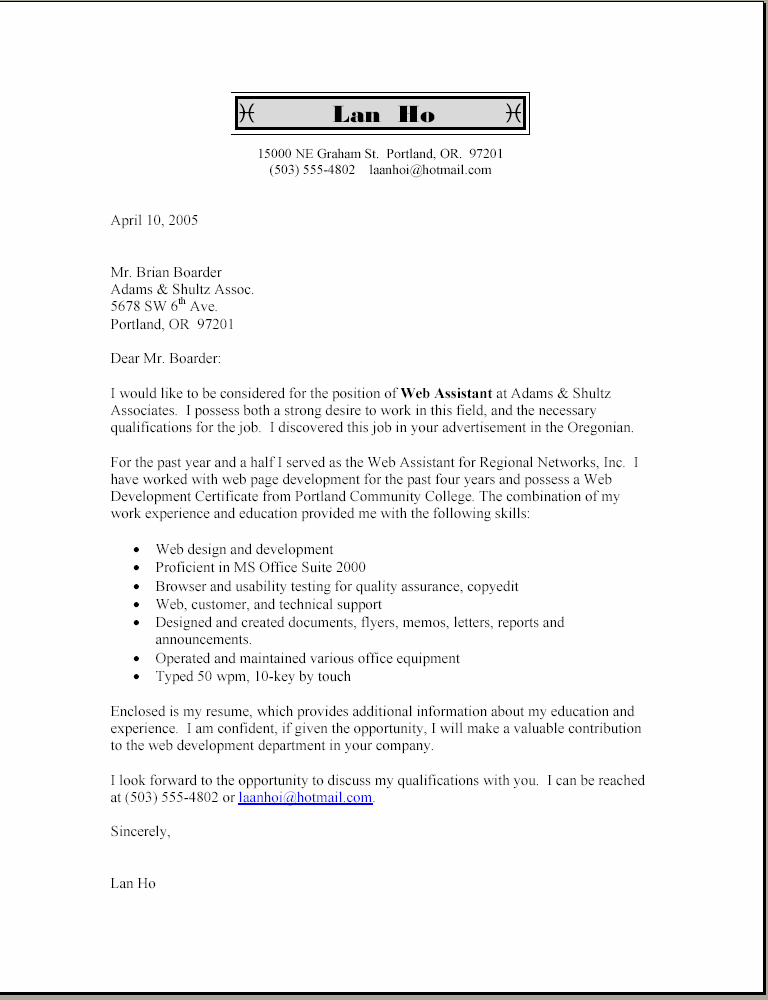 Cover Letter Sample with Bullets