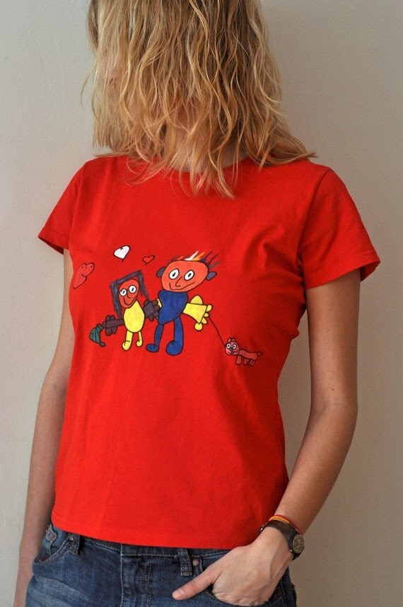Walk of 
love- Handpainted red medium size woman t-shirt