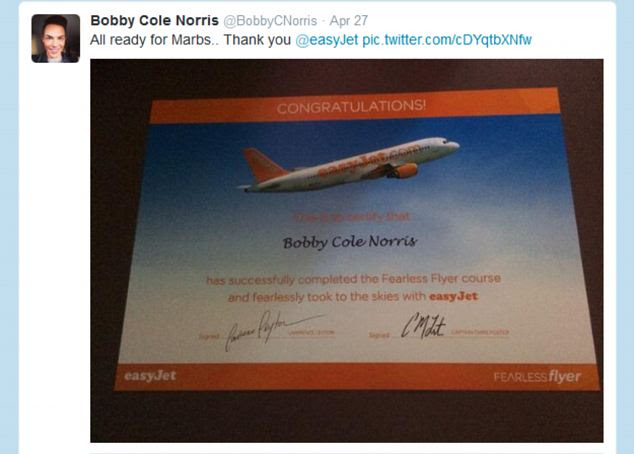 Success: Bobby tweeted a picture of his easyJet certificate saying: 'All ready for Marbs. Thank you.'