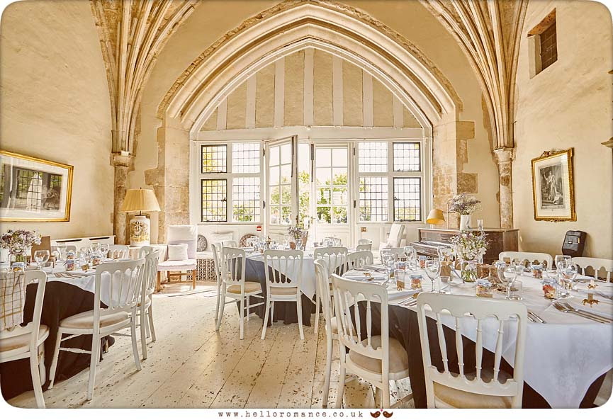 Main room at Butley priory set up for wedding breakfast - www.helloromance.co.uk