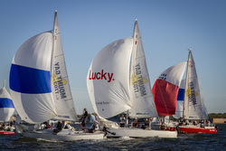 J/24 sailing off Manhattan YC in New York