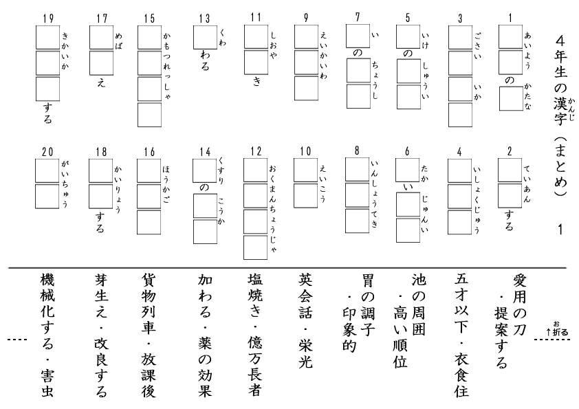 小学４年生用家庭学習漢字無料問題プリント1