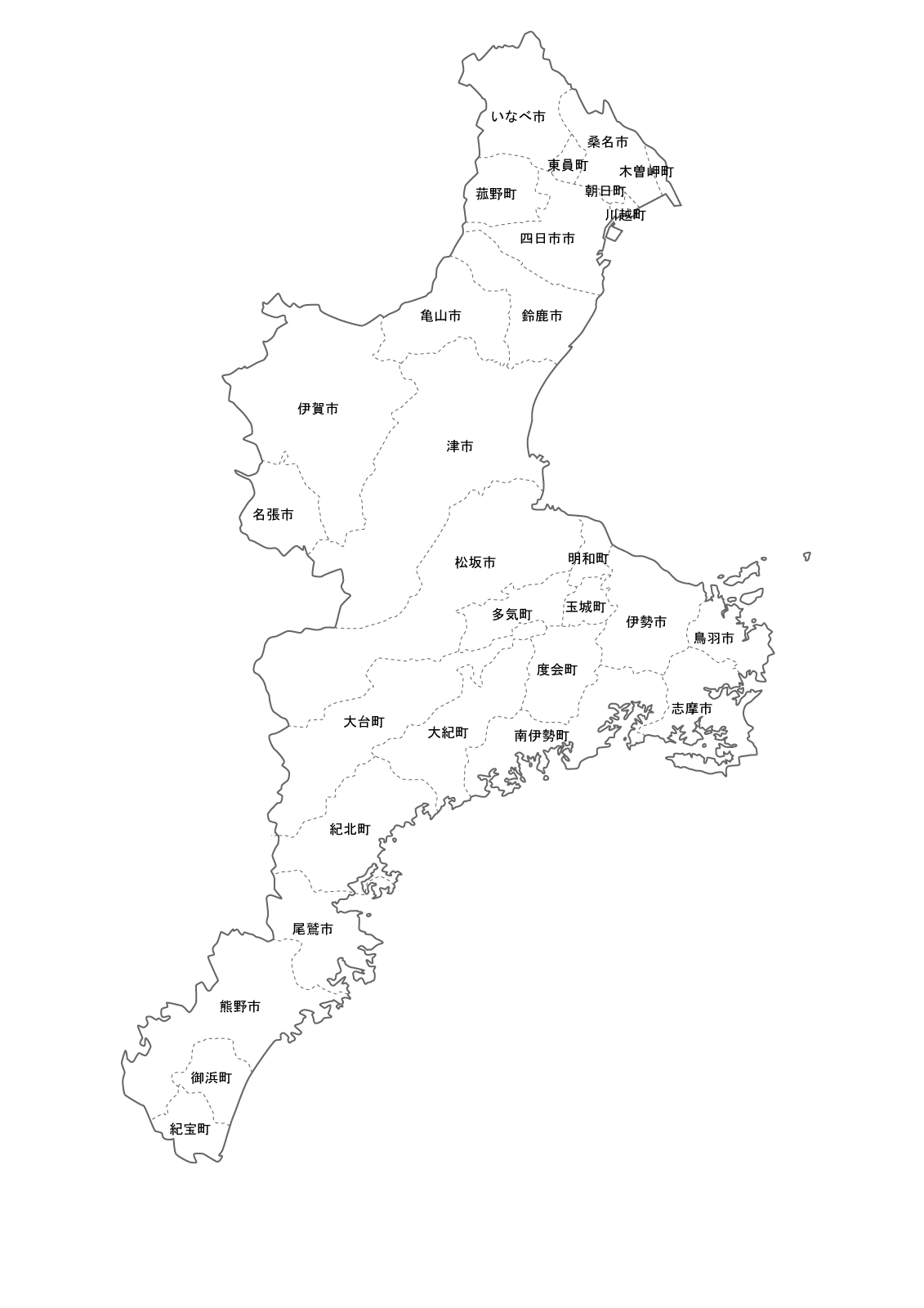 ちずそ 無料地図素材 東海地方市町村名入り白地図