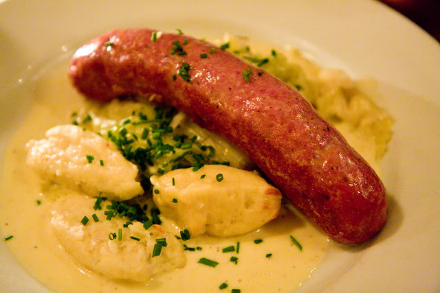 Emmentaler sausage with quark dumplings and cabbage, Cafe Katja