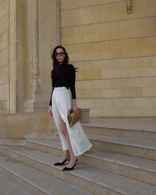 Le Fashion Blog Date Night Outfit Black Sweater White Silk Midi Skirt Black Slingback Pumps Via @Styleheroine 