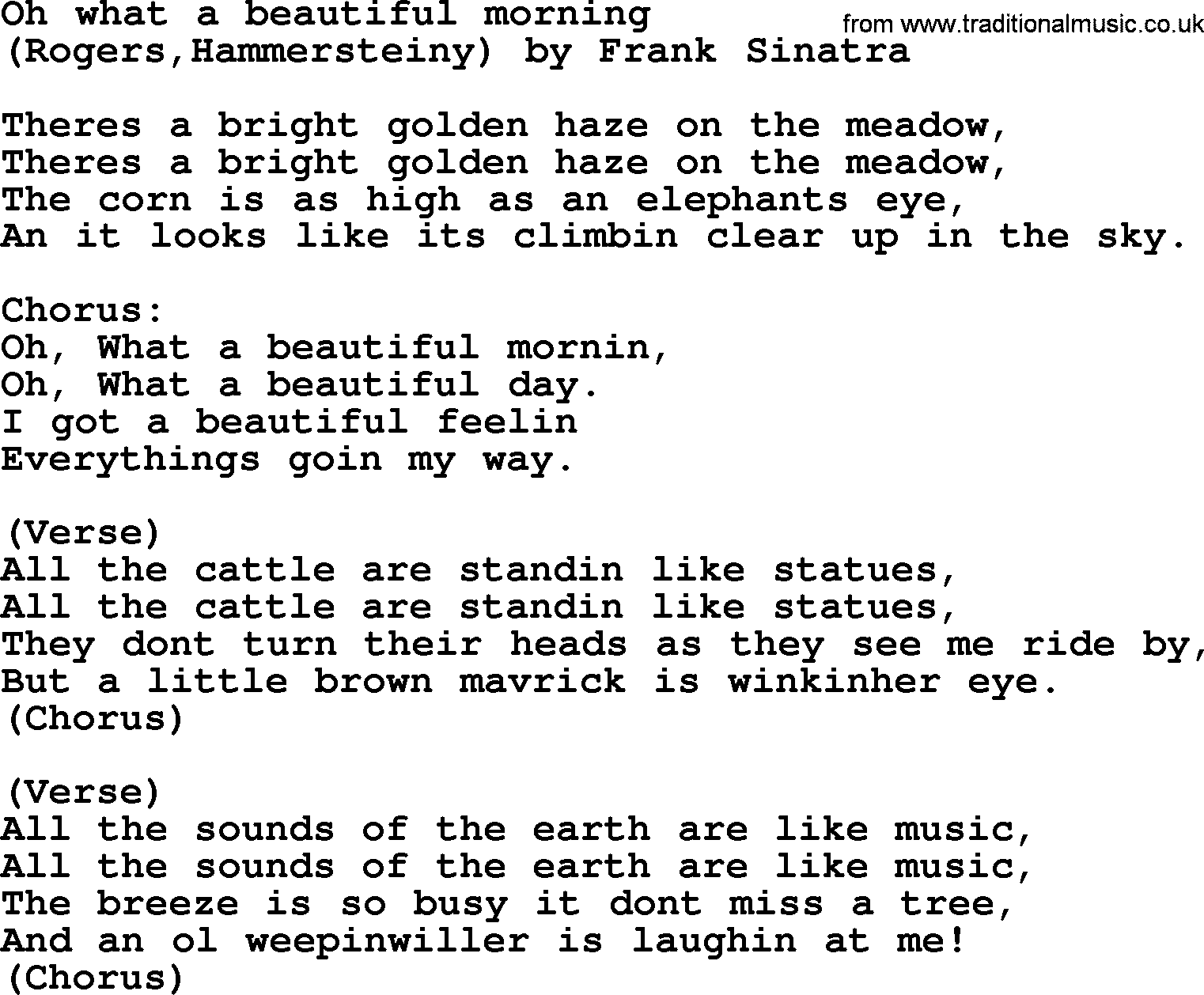 Bruce Springsteen song Oh What A Beautiful Morning, lyrics