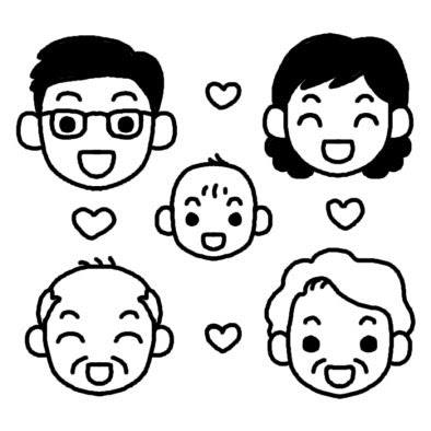 家族5人 家族 人物 無料 白黒イラスト素材