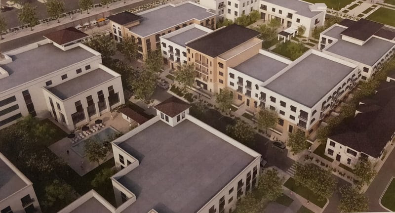 The 4 1/2-acre project will create a mixed-use neighborhood that will include 240 apartments and 12 townhomes. (Source: Dale Gardon Design)