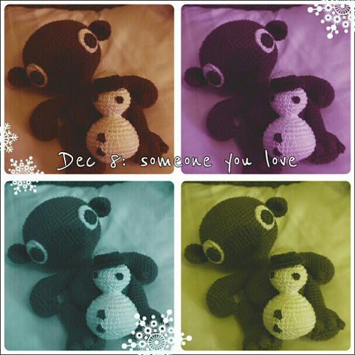 Dec 8: someone you love ... Is not around today so a picture of my couch friend (and his new friend) must do. #fmsphotoaday #bear #snowman