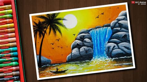 waterfall drawing  oil pastels step  step youtube