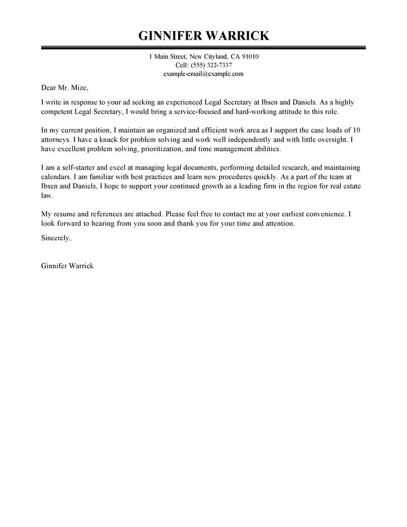 Legal Secretary Cover Letter Examples | Legal Cover Letter Samples | LiveCareer