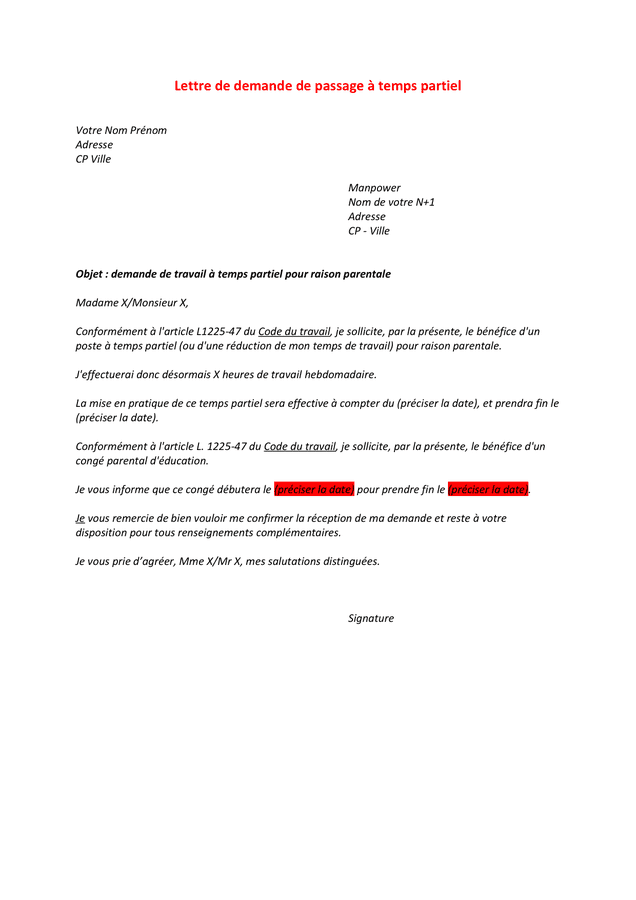 Lettre Renouvellement Temps Partiel